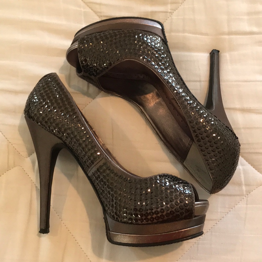 Lulu Townsend Peep Toe Grey Sequins & Satin Heels